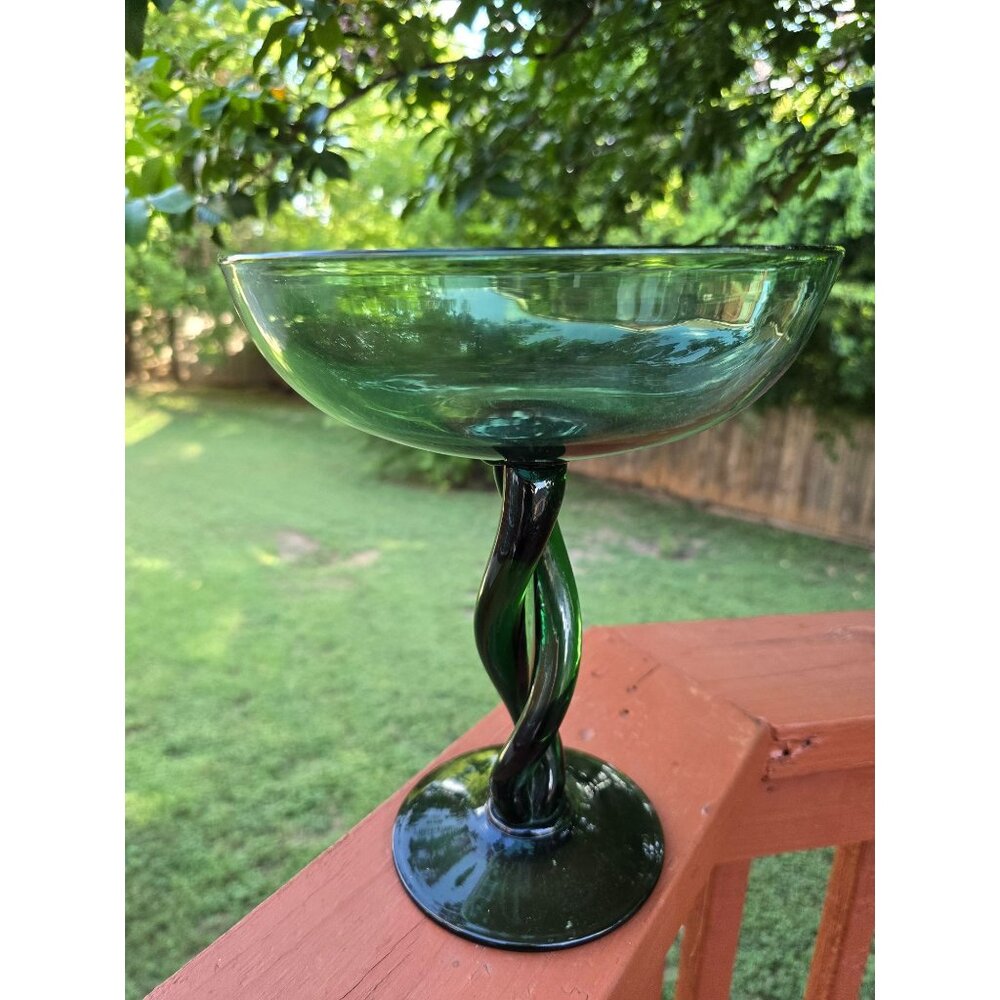 Vintage Handblown Green Glass Twisted‎ Stem Compote Bowl